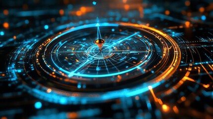 A futuristic compass with blue and orange lights, with a glowing needle pointing north.