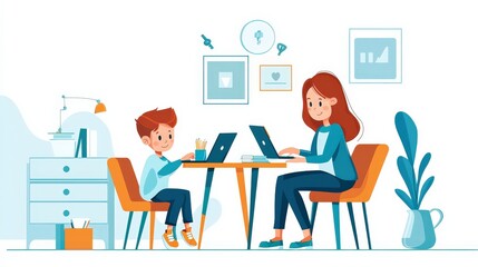 Warm Classroom Scene with Boy and Girl Using Laptops