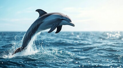 Fototapeta premium A drawing shows a happy dolphin leaping out of the water.