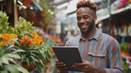 Fototapeta premium Young man enjoying shopping for flowers at a vibrant market while using a digital tablet on a sunny day