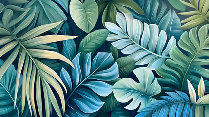 A lush arrangement of tropical leaves intertwined in a soothing palette of greens and blues creating a peaceful natural scene