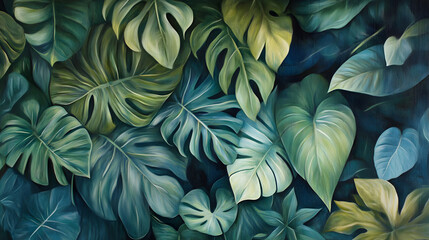 A lush arrangement of tropical leaves intertwined in a soothing palette of greens and blues creating a peaceful natural scene