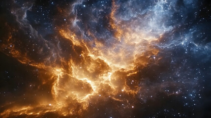 Naklejka premium A cosmic view of swirling dust clouds and radiant stars as the universe unfolds in a brilliant display of energy