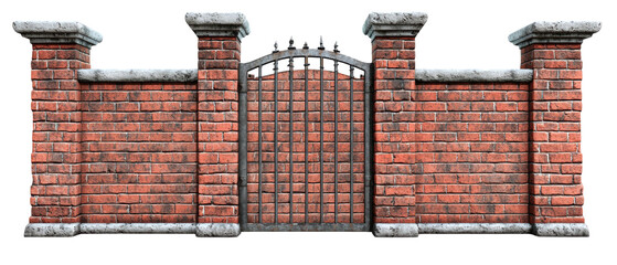 A brick wall with a decorative gate, featuring stone accents and a classic design, set against a transparent background.