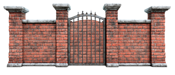 A brick wall with a decorative gate, featuring stone accents and a classic design, set against a transparent background.