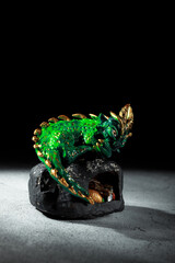 A green dragon with golden spikes sitting on a large stone. Figurine of the symbol of 2025. Dark...