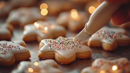 Decorating star-shaped cookies with icing and sprinkles on a festive background.