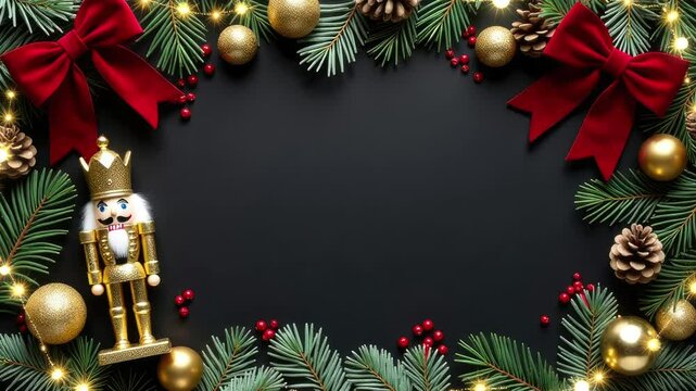 Christmas banner with space for text on red background with toy Nutcracker and garlands. Frame of fir branches, gold balls and red bows, confetti and atmospheric lights