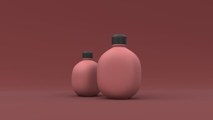 Elegant cosmetic bottles closeup on red background. Modern cover design. 3d illustration.