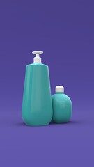 Elegant cosmetic bottles closeup on blue background. Modern cover design. 3d illustration.
