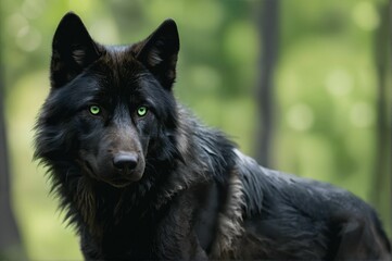 Fototapeta premium Majestic black wolf with striking green eyes in a lush forest environment