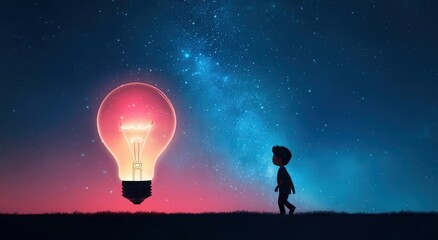 Fototapeta premium A silhouette of a child walking towards a giant glowing light bulb in a starry night sky, symbolizing dreams, imagination, and inspiration.