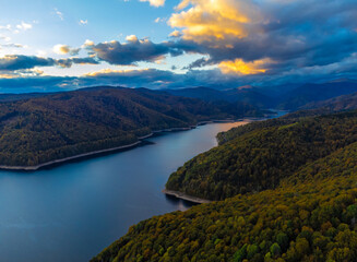 Aerial view of Vidraru lake - Romania seen in the evening