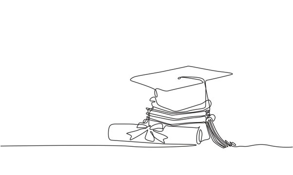 recommend clip art: A graduation cap  and certificate line drawing continuous line art vector illustration.
