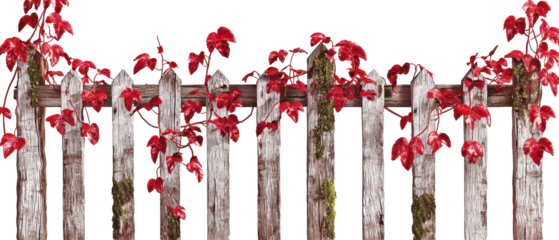 A rustic wooden fence adorned with vibrant red leaves, creating a striking contrast against a transparent background.