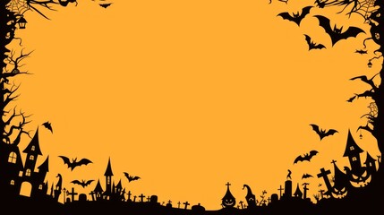A Halloween-themed border featuring bats, a graveyard, and spooky houses on an orange background.