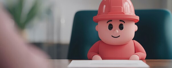 Fototapeta premium Cute Cartoon Worker Figurine Sitting at a Desk with a Bright Smile Ready for Creative Tasks in a Modern Office Environment