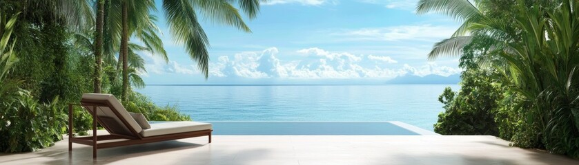 Obraz premium A serene tropical scene featuring a lounge chair overlooking a calm ocean, surrounded by lush greenery and bright blue skies.
