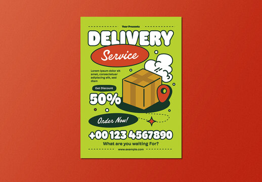 Green Retro Cartoon Bold Delivery Service Flyer Layout