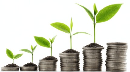 A growing stack of coins with budding green plants symbolizes financial growth and sustainability.