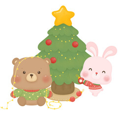 teddy bear and rabbit with christmas tree