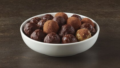 Obraz premium A white bowl filled with assorted chocolate-covered truffles and confectionery treats, showcasing a variety of textures and flavors.