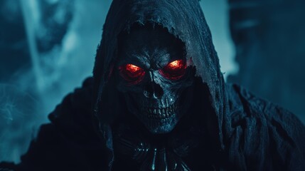 Grim reaper with scythe. Halloween theme poster.