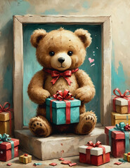 Endearing teddy bear sitting with a gift surrounded by colorful presents