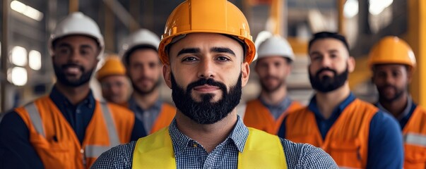 Team of Construction Workers in Hard Hats Showcasing Safety and Professionalism in Industrial Environment