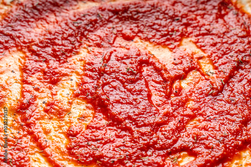 Wall mural Background: Texture of pizza dough covered with tomato sauce. The sauce is applied to the dough in a circular motion. Pizza recipe.