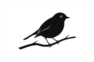  Robin bird sitting on a branch silhouette black vector art illustration.