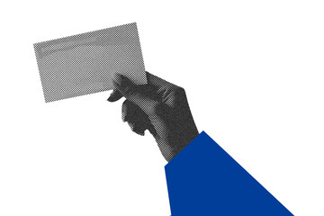 Hand holding an election ballot paper, cutout halftone design element for USA president elections