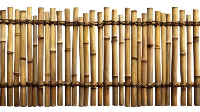 A natural bamboo fence composed of vertical bamboo stalks, showcasing their unique textures and shades in a seamless arrangement against a transparent background.