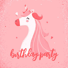A greeting card with a cute unicorn in pink colors for a children's birthday.