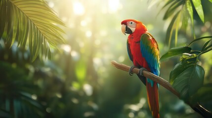 A vibrant scarlet macaw perched on a branch in a lush tropical rainforest, bathed in the warm glow of the morning sun.