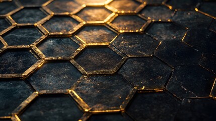 A close-up of the hexagonal tiles on a floor, each tile made up of gold and black metal, against a dark background