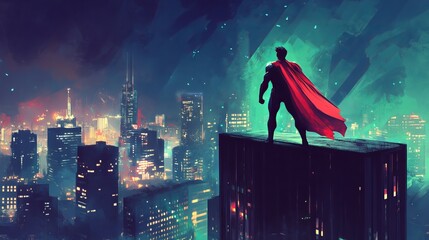A superhero stands on a tall building, looking out over the city at night, ready to protect it.