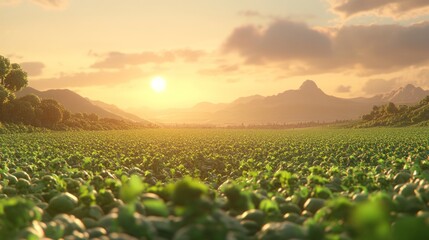 A scenic view of a green field with mountains in the distance during a golden sunset.