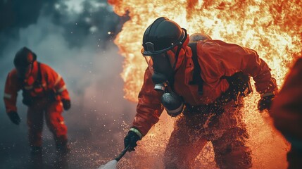 Obraz premium A firefighter in full gear runs toward a raging fire, spraying water from a hose. Another firefighter can be seen in the background.