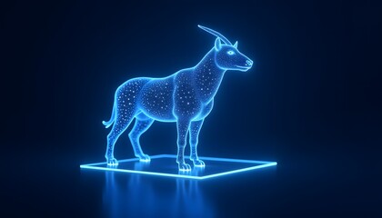 Holographic silhouette of an animal in blue neon style on a dark background