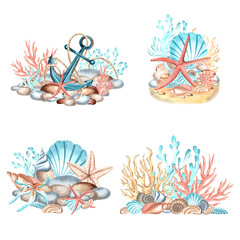 Anchor with starfishes, corals and seashells. Underwater collection. Set of marin compositions. Watercolor hand drawn illustrations isolated. Mediterranean theme. Clipart for print, sticker, postcard.