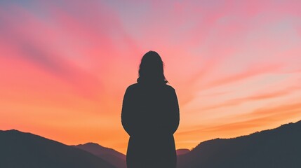 Fototapeta premium Contemplation at dusk a silhouette against a vibrant sunset sky showcasing nature's beauty and serenity