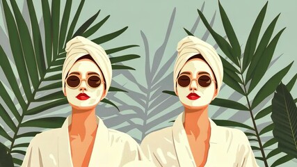 Retro Spa Day Illustration Featuring Two Twins Women in Face Masks and Turbans with Tropical Palm Leaves Background, Wellness or Cosmetic Design Themes, Summer Relaxation Concepts, Sisters Day.