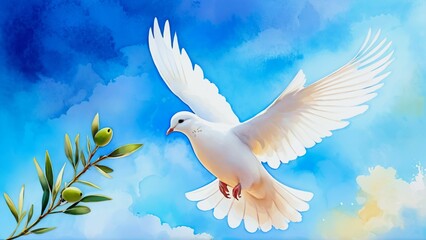 Fototapeta premium White dove in flight carrying an olive branch against a bright blue sky
