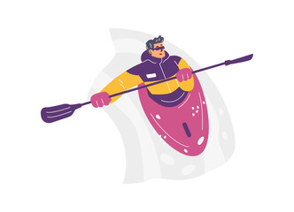 Vector graphics of a young man rowing a kayak on a white background