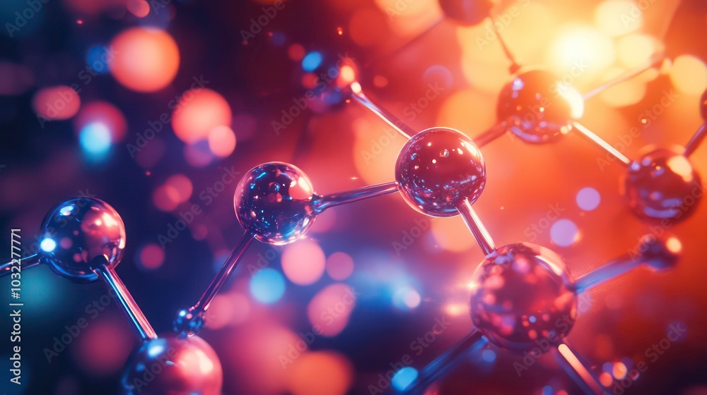 Poster abstract 3d rendering of a molecular structure with glowing orbs and a blurred background.