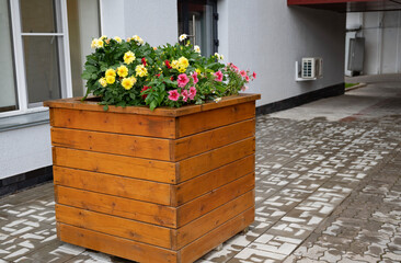 Wooden planter with blooming flowers outside a building.