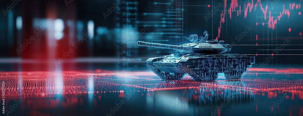 Wall mural a futuristic tank sits against a backdrop of digital data and graphs, symbolizing the integration of