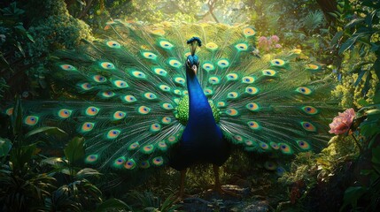 Obraz premium Majestic Peacock Displaying Vibrant Feathers in Nature