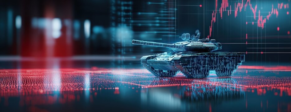 A futuristic tank sits against a backdrop of digital data and graphs, symbolizing the integration of technology and military strategy in modern warfare.